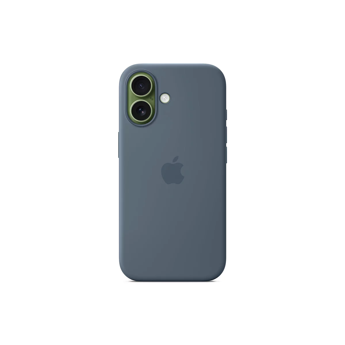 Hellblaues Smartphone-Case mit Apple-Logo. Zwei Kameraobjektive und ein Blitz oben, auf weißem Hintergrund.