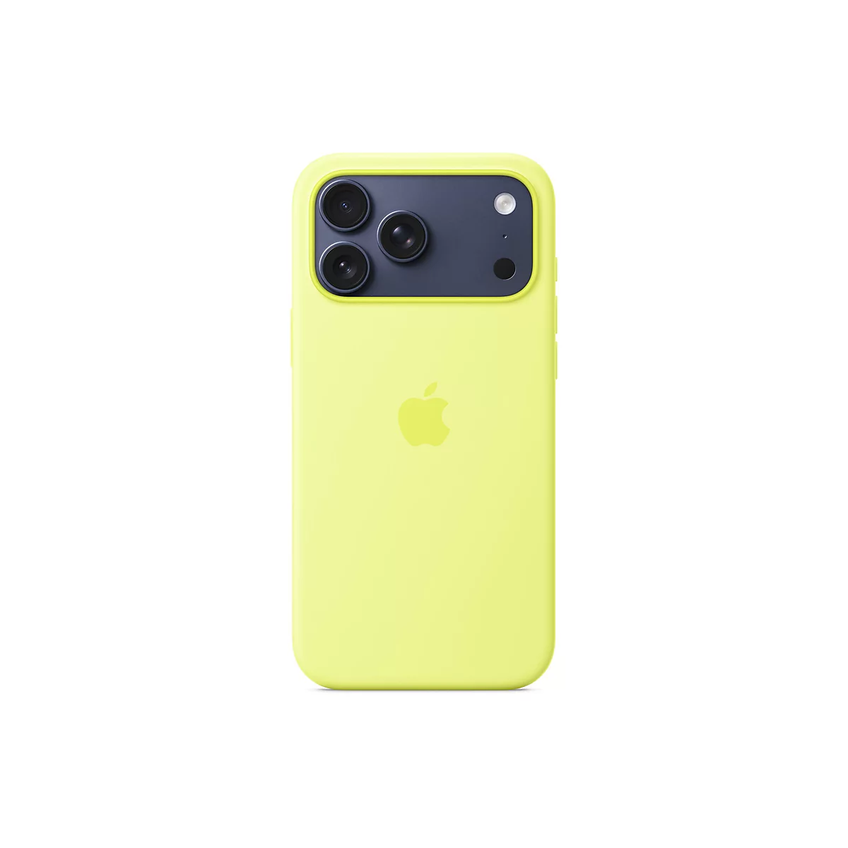 Ein hellgelbes iPhone mit Kamera-Modul, das in einer hellgelben Hülle steckt. Auf der Rückseite ist das Apple-Logo zu sehen.