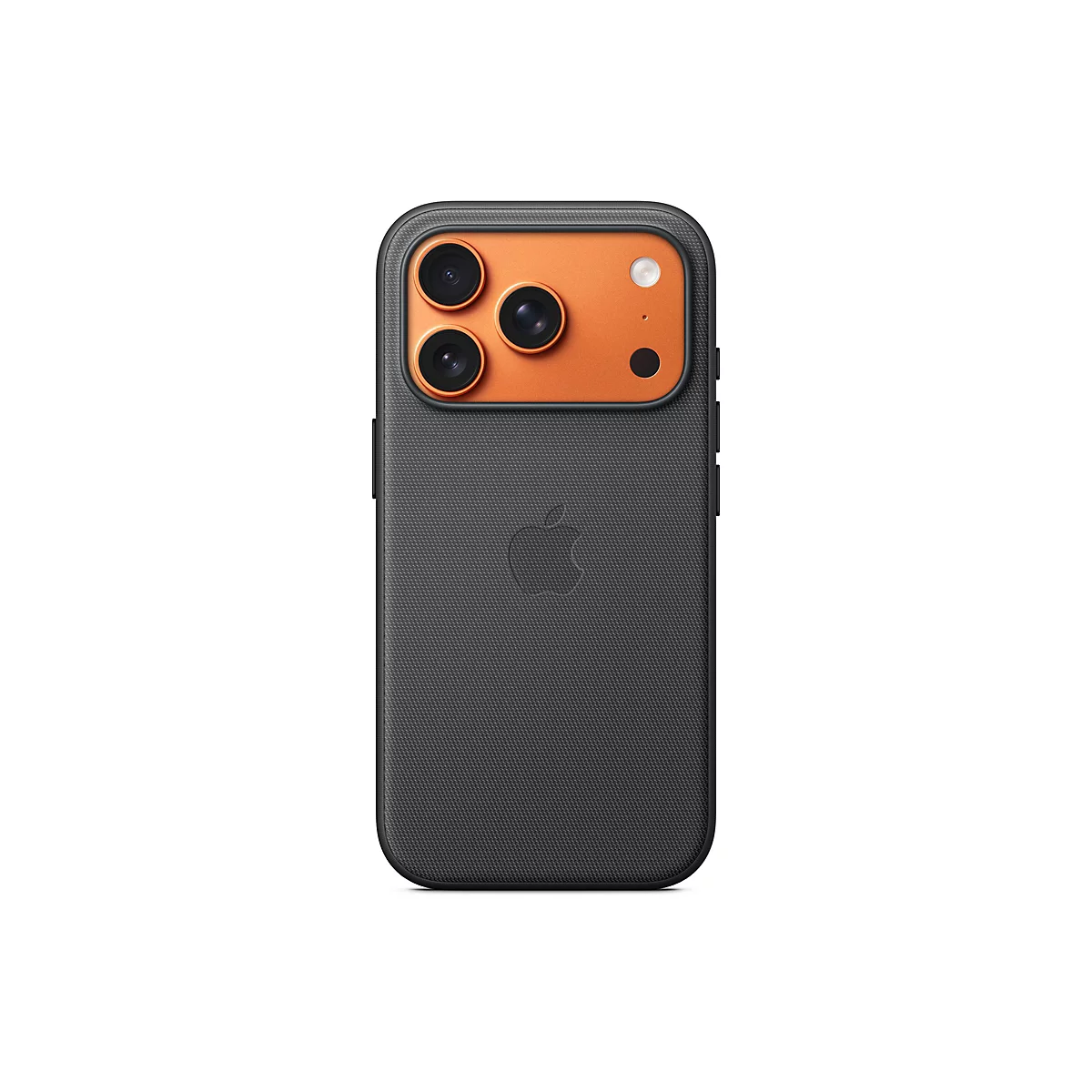 Rückansicht eines grauen Smartphones mit orangefarbenem Kameramodul, drei schwarzen Objektiven, und Apple-Logo.
