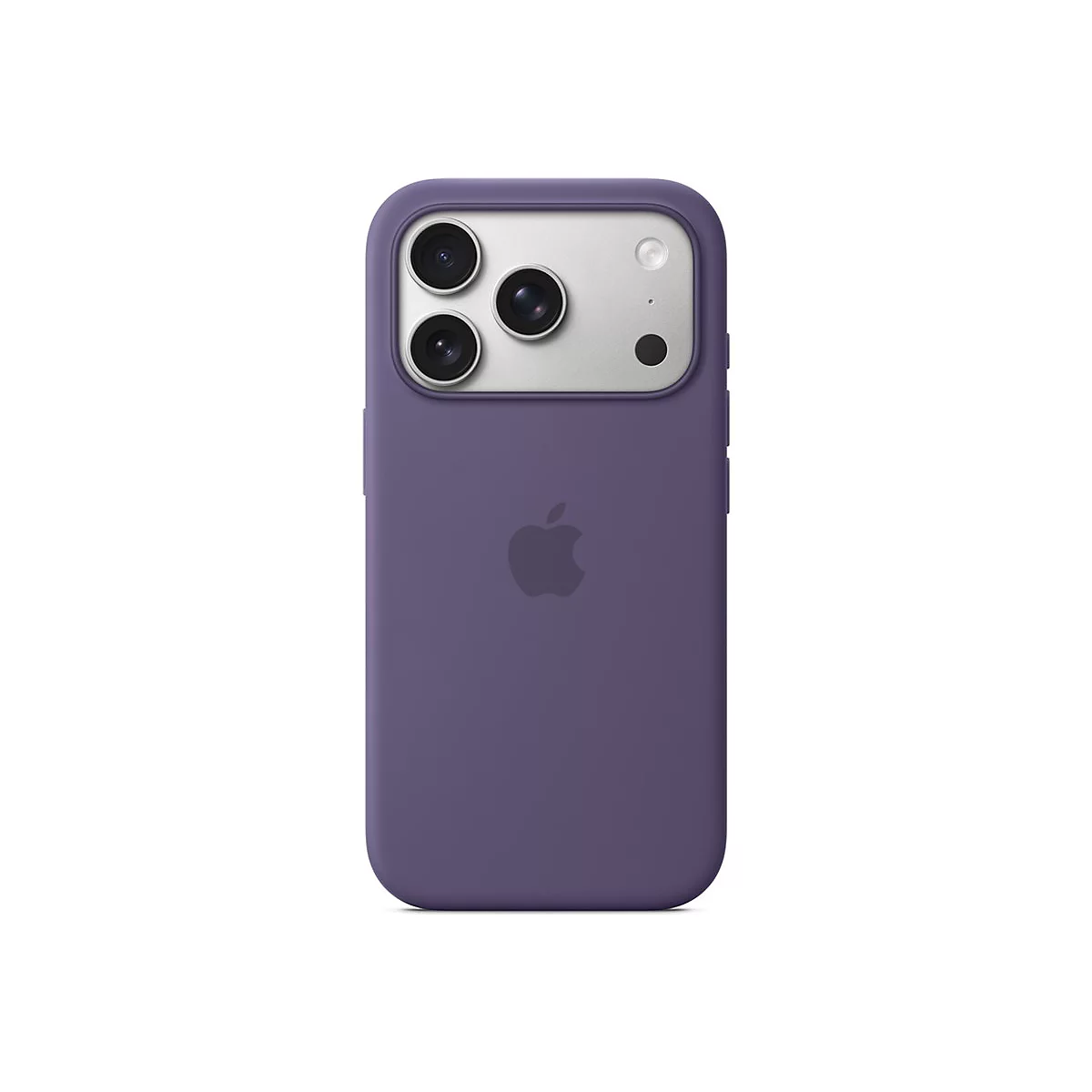 Ein lilafarbenes iPhone mit Hülle auf weißem Hintergrund. Die Rückseite zeigt das Apple-Logo und die Kamera.