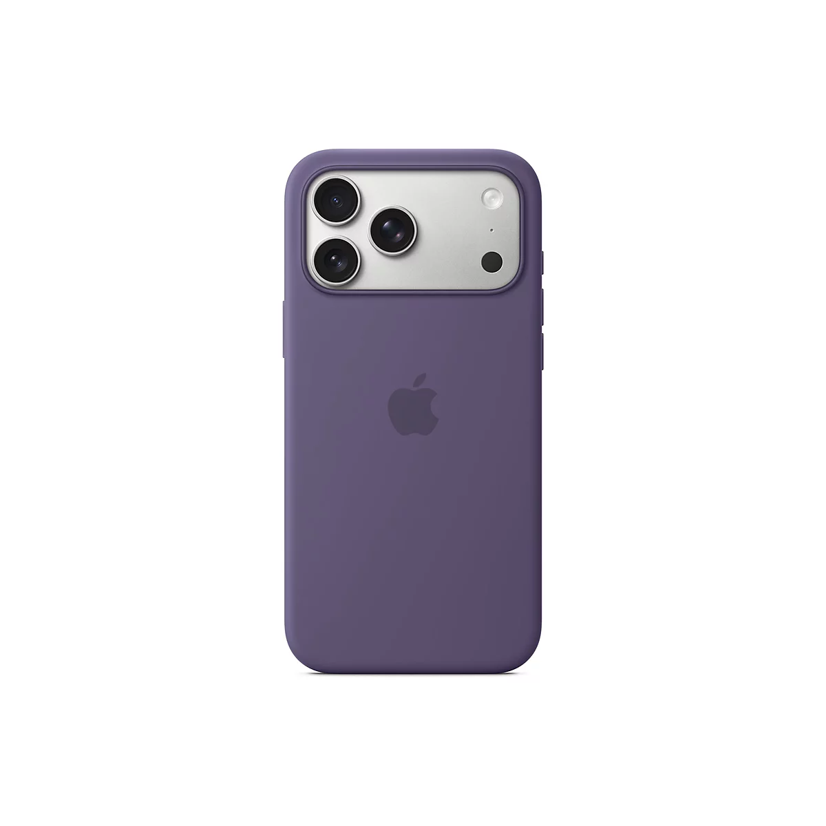 Ein lilafarbenes Smartphone mit einer Hülle, die das Apple-Logo und drei Kameraobjektive zeigt.
