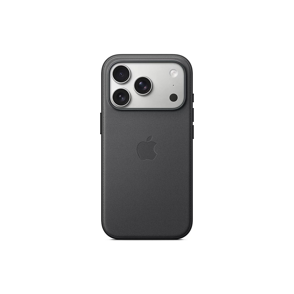 Rückansicht eines dunklen Handys mit drei Kameras, einem Blitz und dem Apple-Logo.