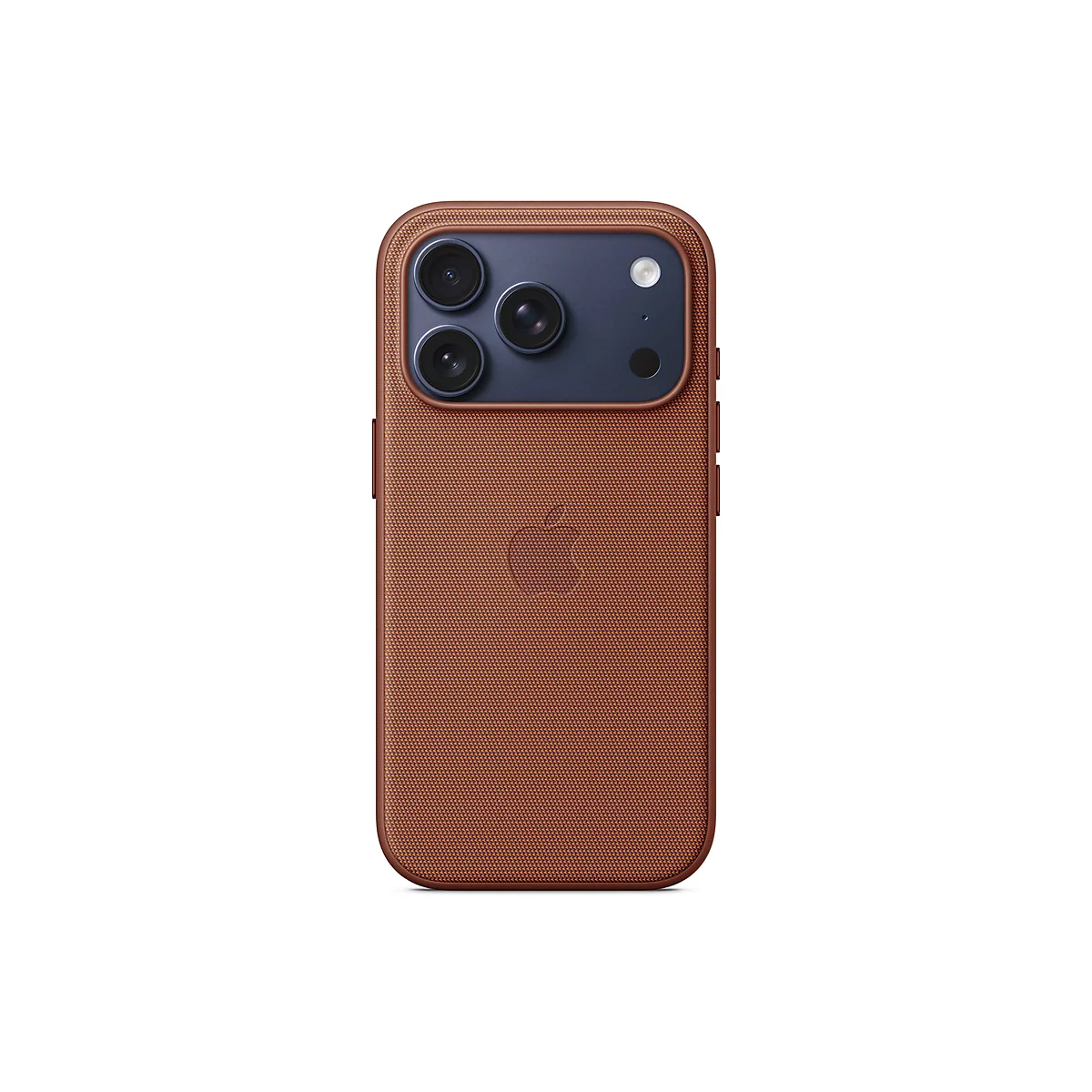 Rückansicht eines braunen iPhone-Gehäuses. Drei Linsen in blauem Bereich, darunter ein Blitz und Apple-Logo.