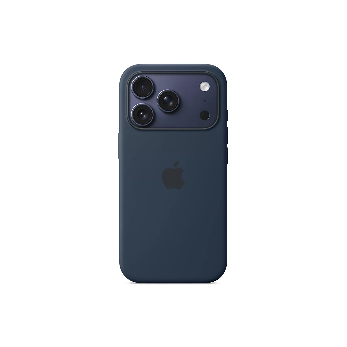 Dunkelblaues iPhone mit Apple-Logo auf weißem Hintergrund. Drei Kameras auf der Rückseite.