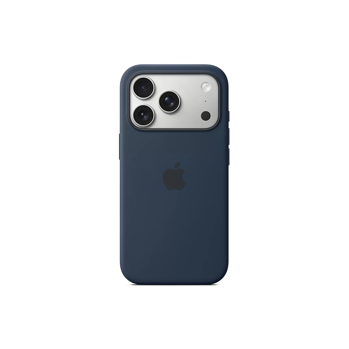 Dunkelblaue Handyhülle mit Apple-Logo; auf der Rückseite Kamera-Modul mit drei Objektiven.