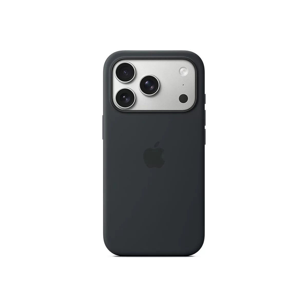 Dunkelgraues iPhone mit mehreren Kameralinsen, Apple Logo. Der Hintergrund ist weiß.