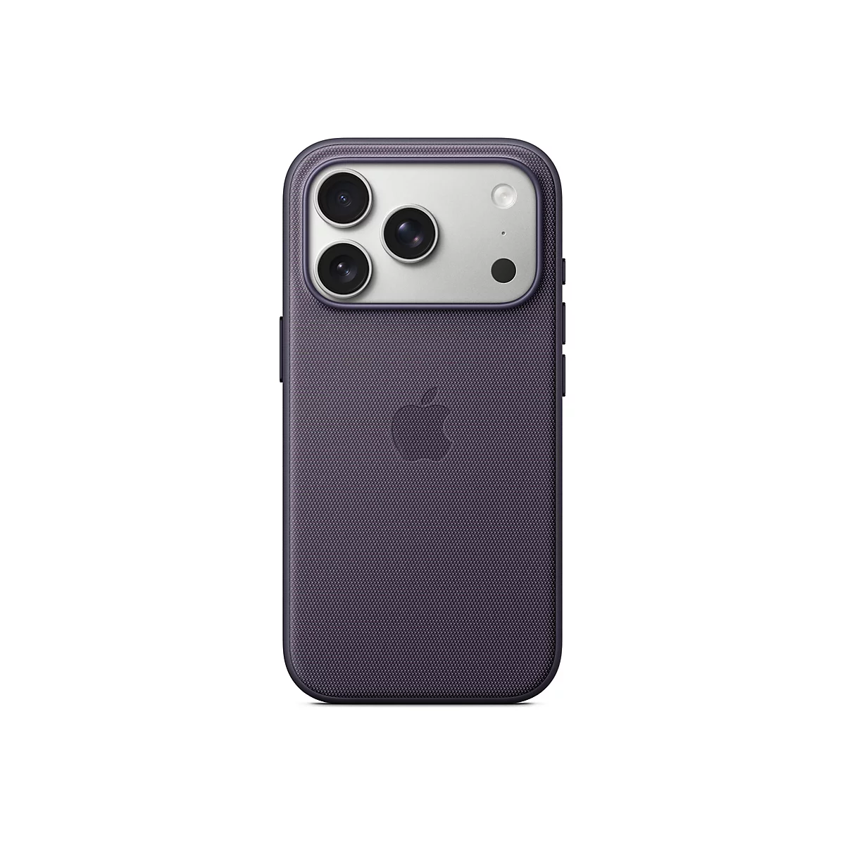 Rückseite eines lila iPhone mit Lederhülle. Drei Kameraobjektive und ein Blitz oben, Apple-Logo unten.
