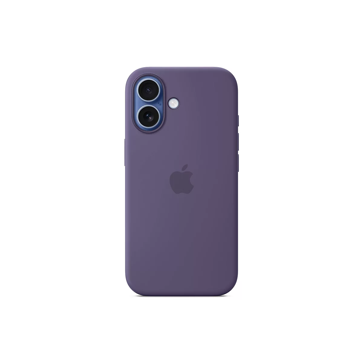 Violette Handyhülle, mit Kameraausschnitt und Apple-Logo, vor weißem Hintergrund.