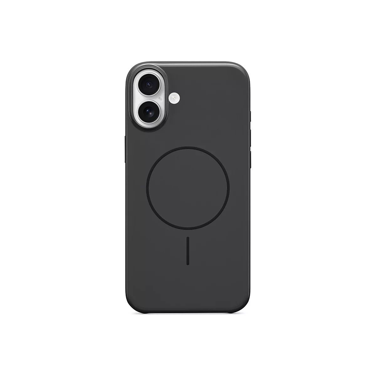 Dunkelgraue Handyhülle für ein Smartphone, mit zwei Kameraöffnungen, einem runden MagSafe-Pad und einem senkrechten Strich.