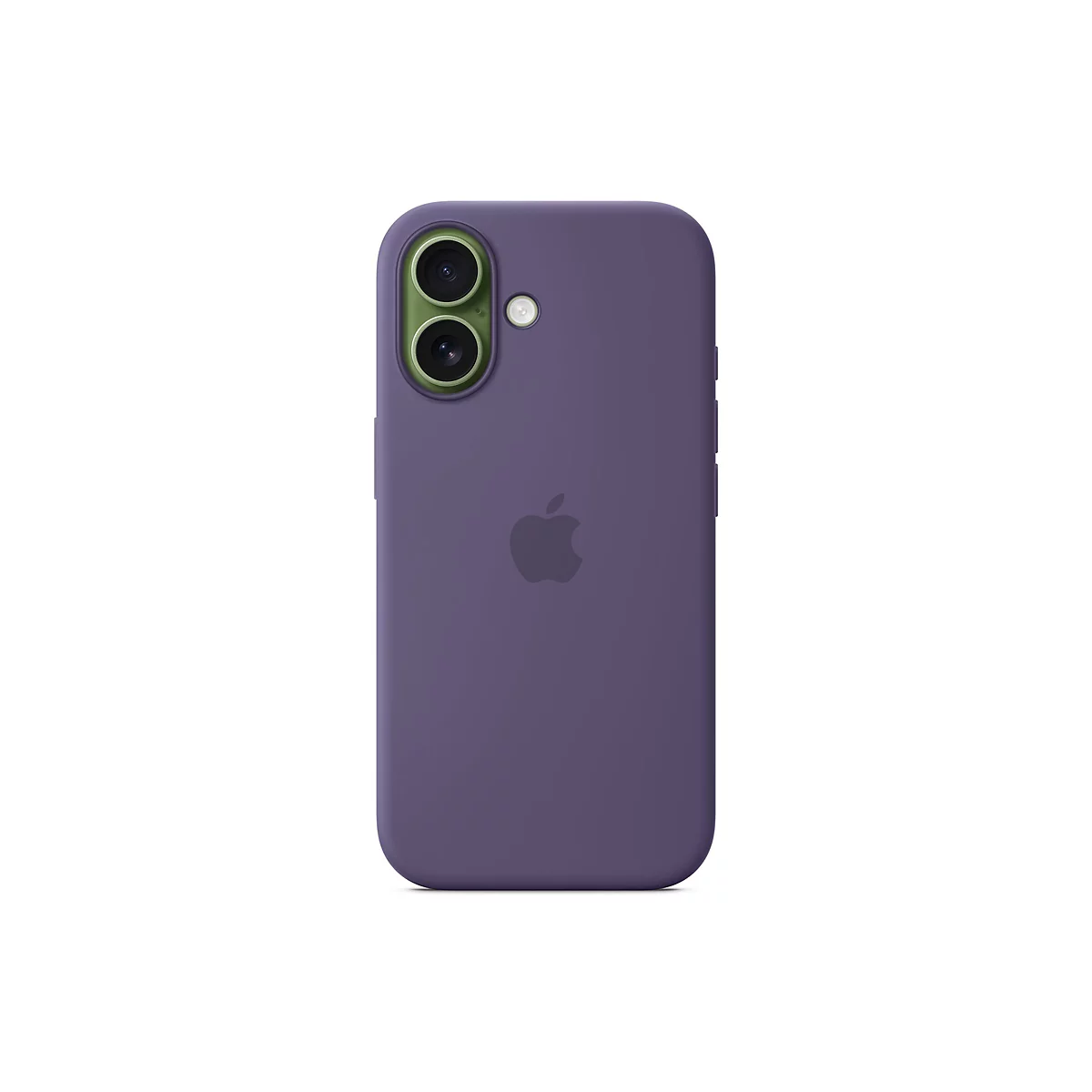 Lila Handyhülle mit Apple-Logo. Zwei Kameraobjektive und ein Blitz sind in einem grünen Kreis platziert.