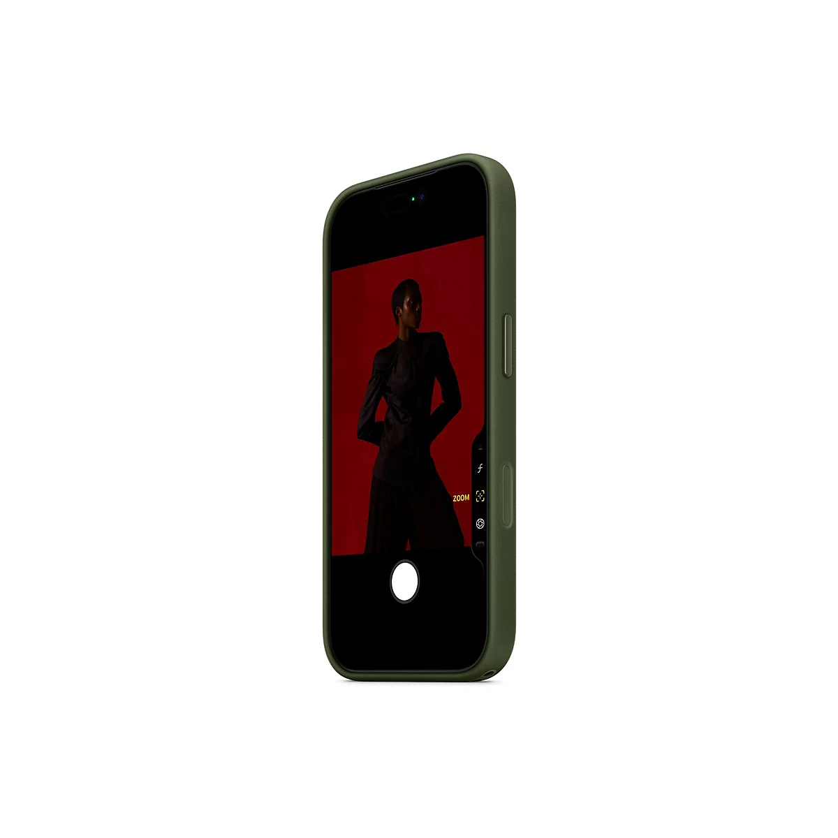 Ein olivgrünes Smartphone mit einem Display, das ein Model vor rotem Hintergrund zeigt.