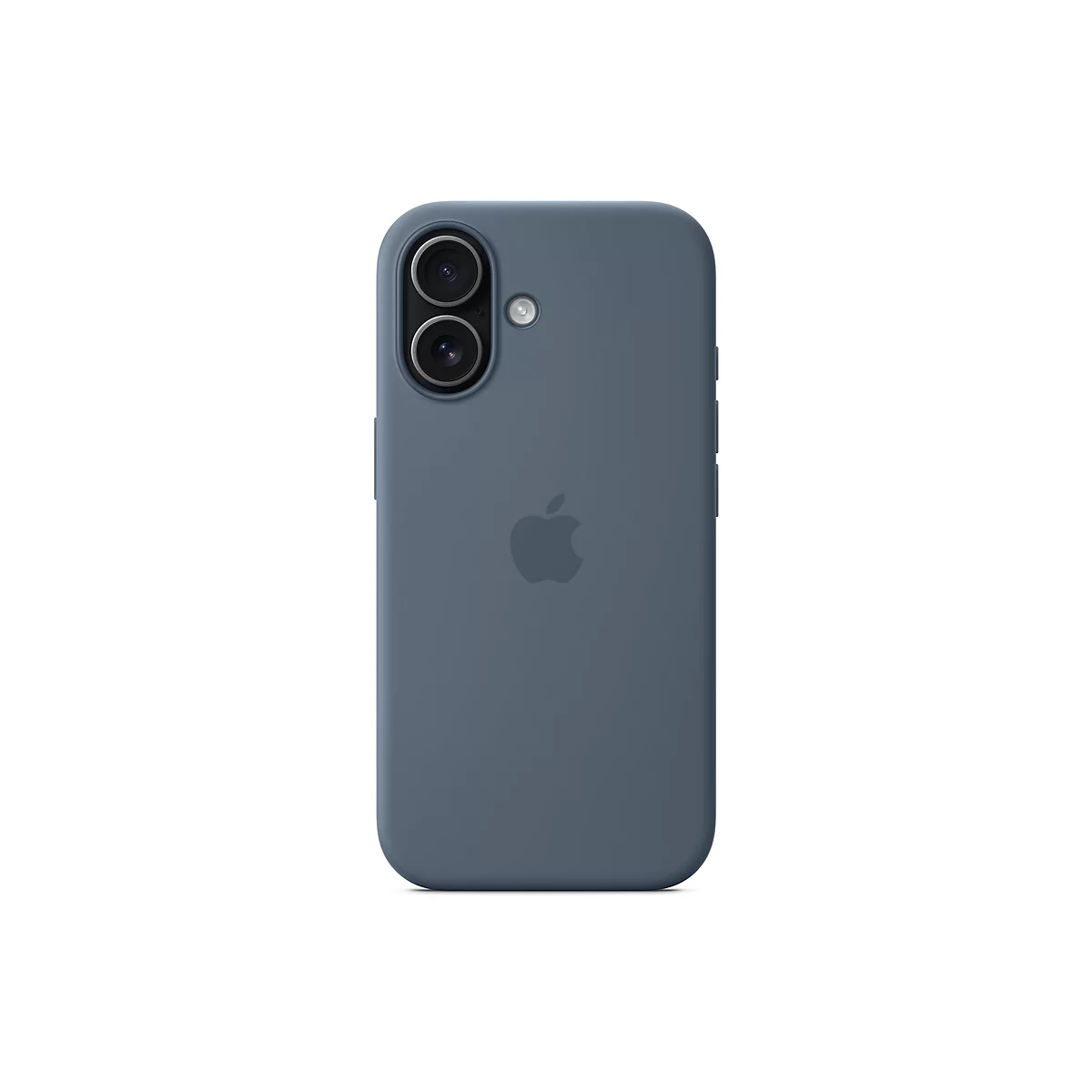Blaugraue Apple-Silikonhülle für ein Smartphone mit vertikal angeordneter Doppelkamera auf weißem Hintergrund.