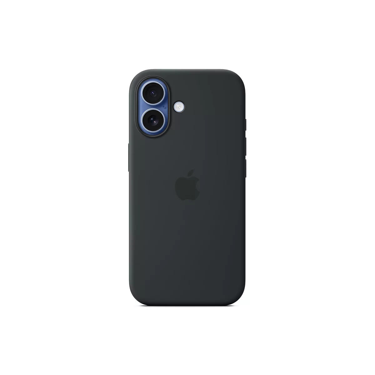 Schwarze Smartphone-Schutzhülle auf der Rückseite eines iPhones, inklusive Kamera-Aussparung und Apple-Logo.