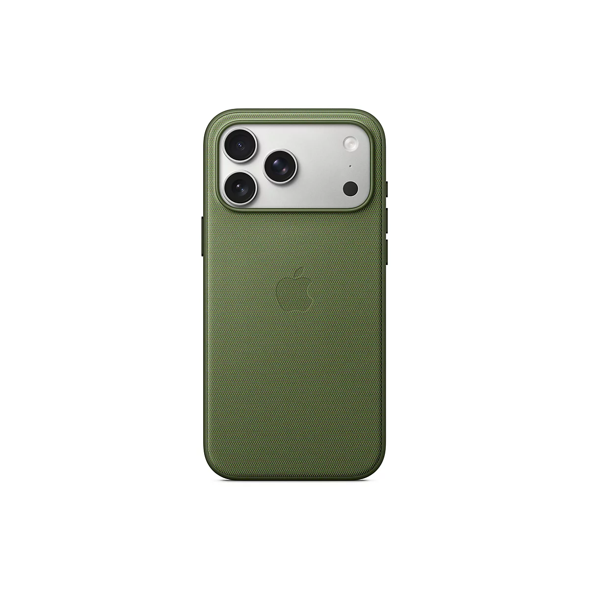 Rückseite eines olivgrünen Handys, das in einer Hülle steckt. Oben befinden sich drei Objektive und ein Blitz, darunter das Apple-Logo.