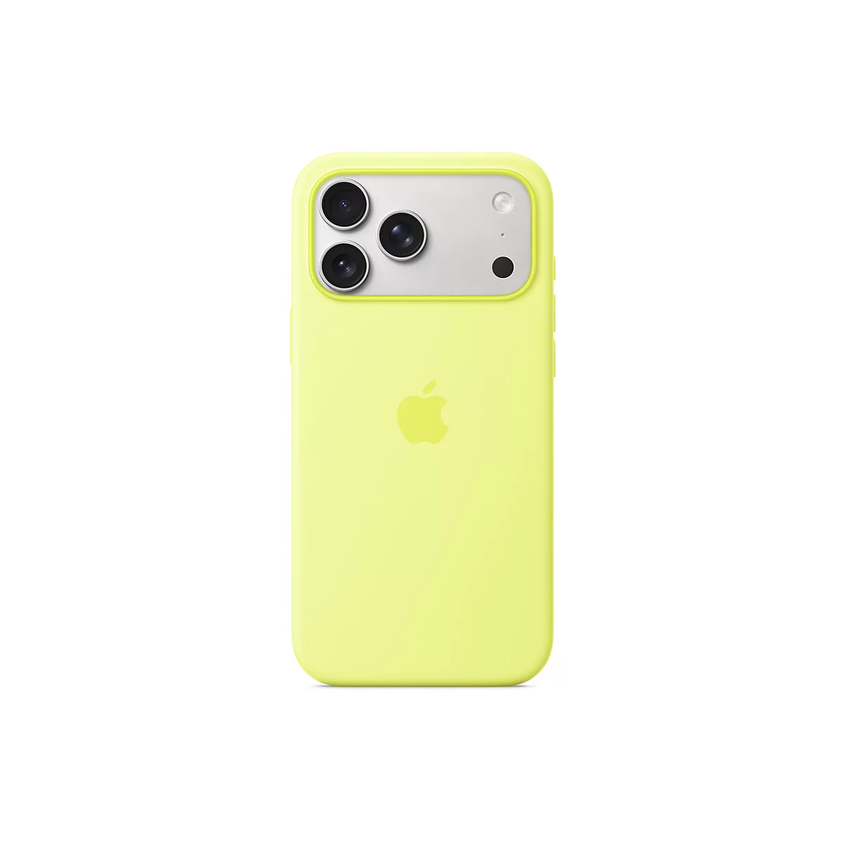 Hellgelbes iPhone Case mit drei Kameraobjektiven und Apple-Logo, vor weißem Hintergrund.