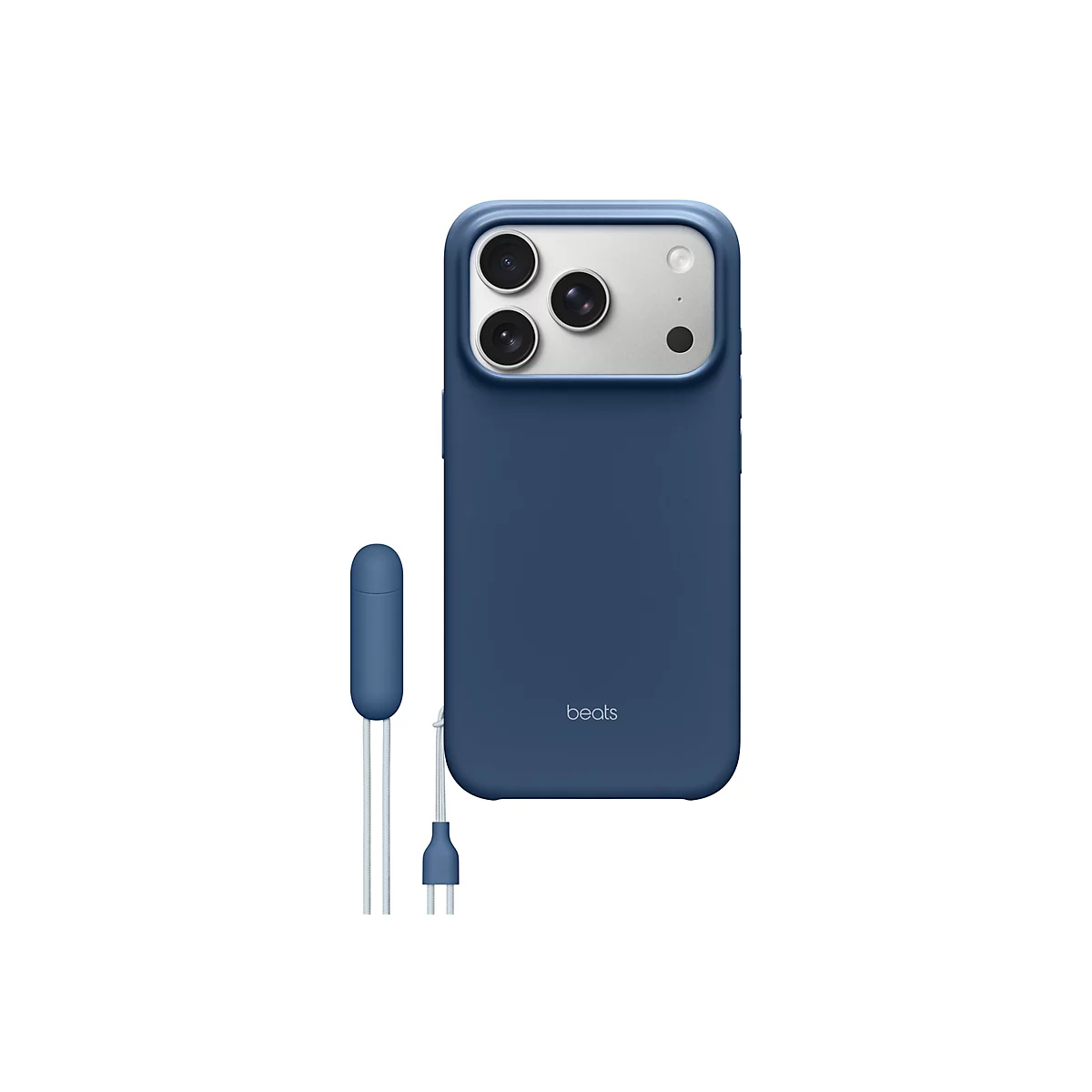 Blaues Beats-Handycase mit einer passenden Kopfhörer-Fernbedienung. Das Case sitzt um ein Handy mit Kameraelementen. Der Name "beats" ist auf dem Case zu sehen.