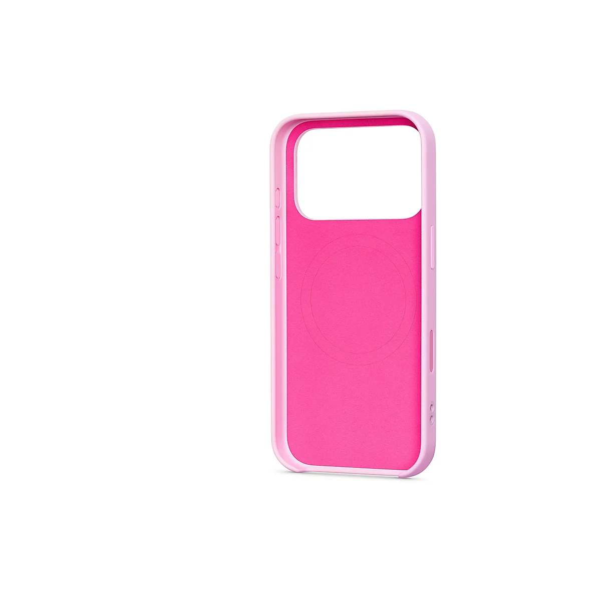 Ein pinkfarbenes Handycase mit hellrosa Umrandung, vor weißem Hintergrund. Die Innenseite ist strukturiert, mit einem eingeprägten Kreis.