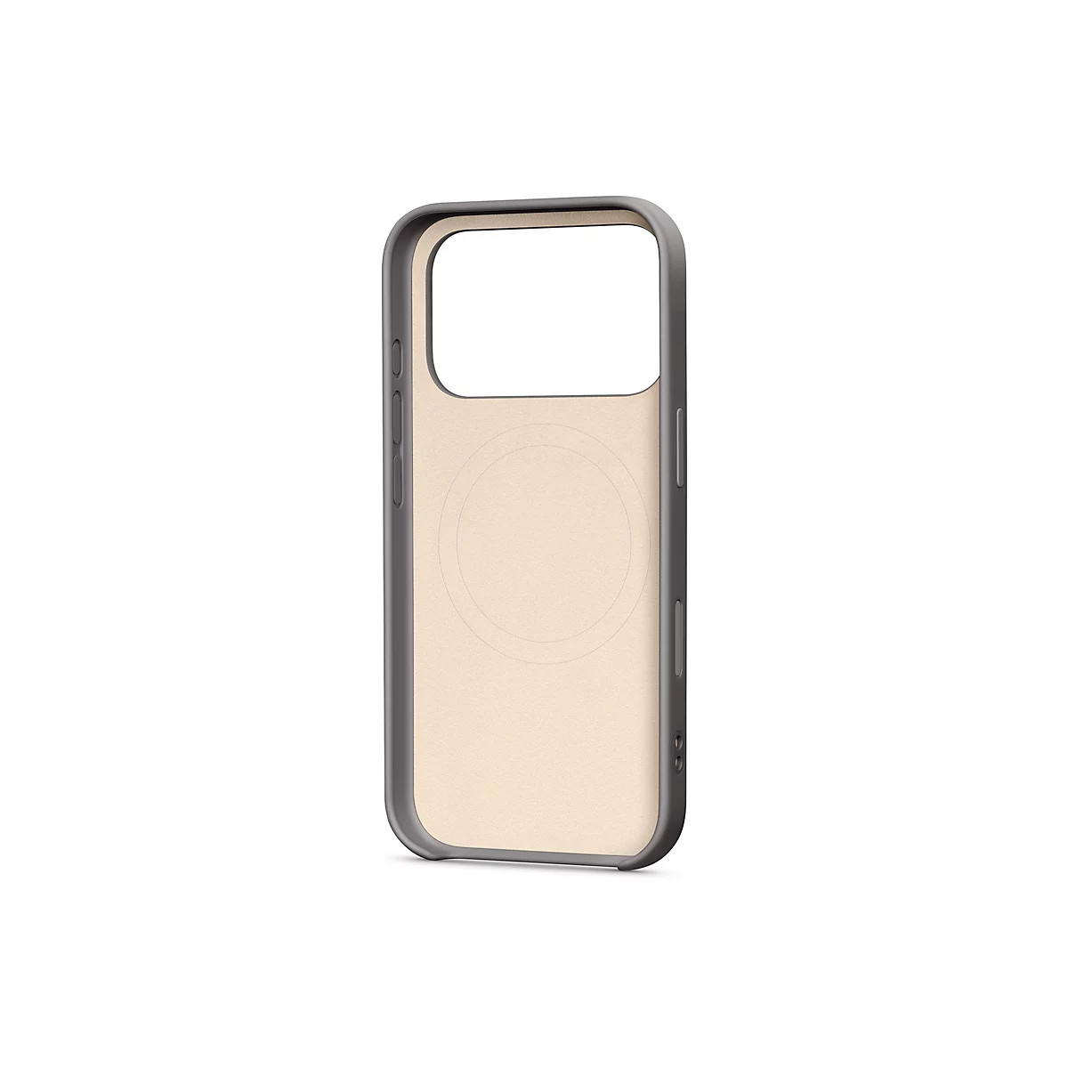 Hellbeige Handyhülle für ein Smartphone, mit dunklem Rahmen. Auf der Rückseite ist ein Kreis angedeutet.