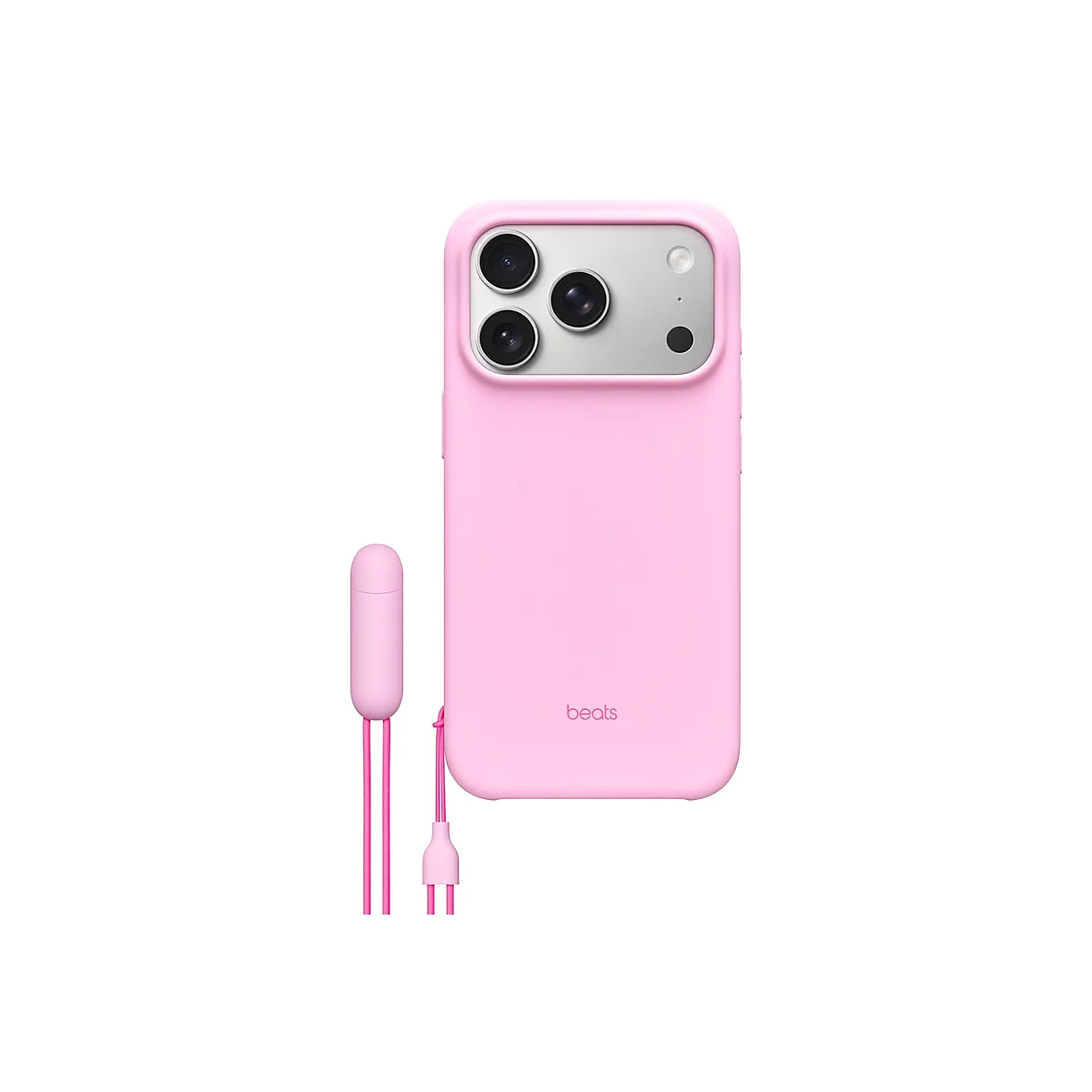 Hellrosa Handyhülle mit passendem Ladekabel und Ohrhörern vor weißem Hintergrund. Das Beats-Logo ist auf der Hülle zu sehen.