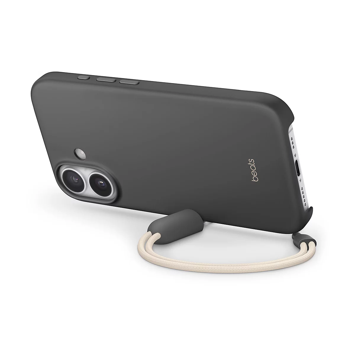 Dunkelgraues Smartphone-Case mit beiger Handschlaufe, Beats-Logo, Nahaufnahme.