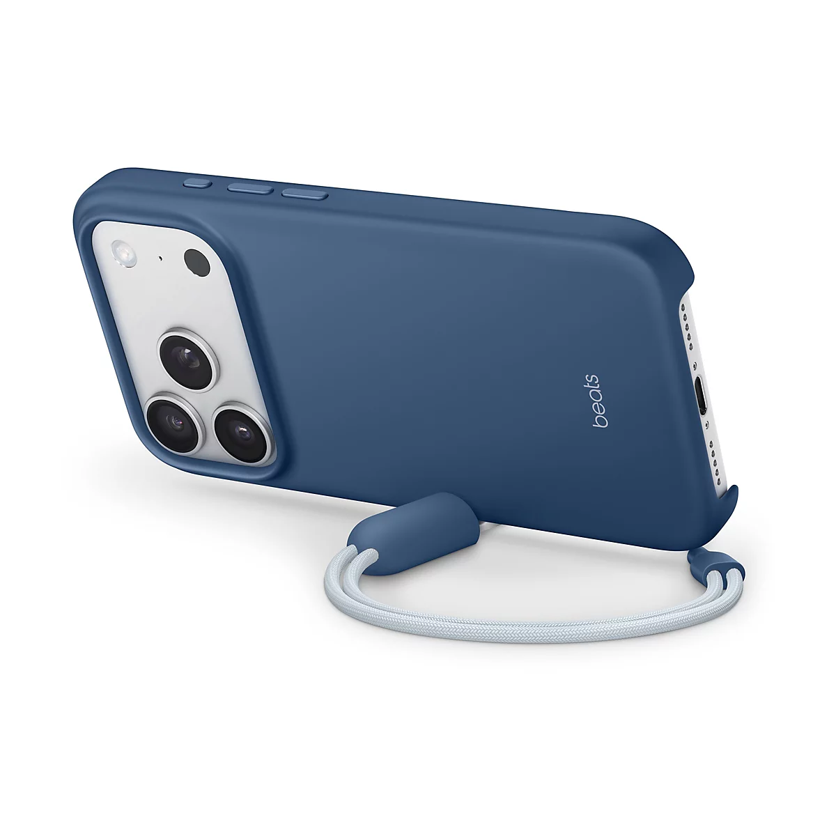 Blaues Smartphone Case mit Kamerabuckel und Kordel, Beats Logo.