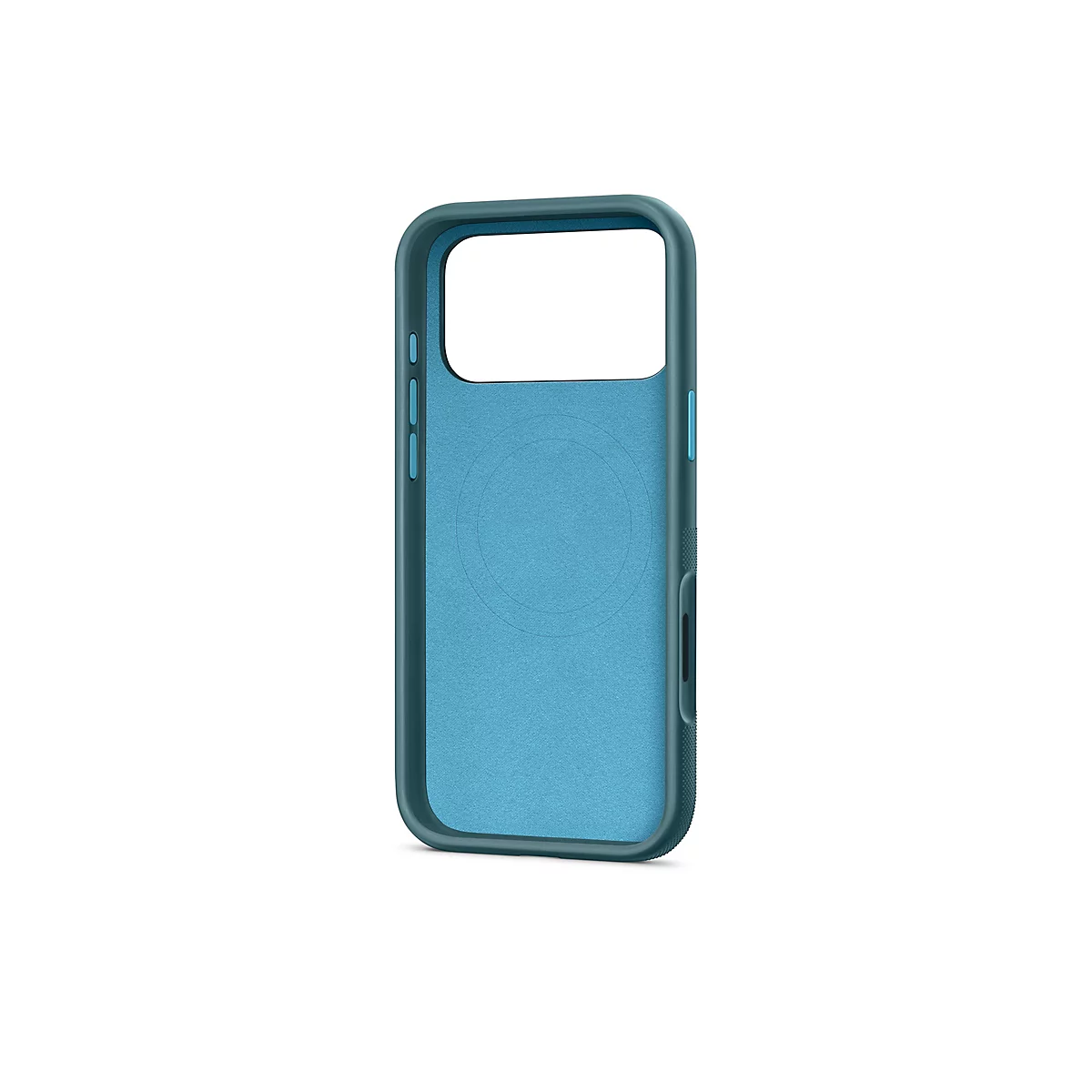 Hellblaues Smartphone-Case aus Kunststoff. Die Innenseite ist strukturiert, außen eine dunkelblaue Einfassung.