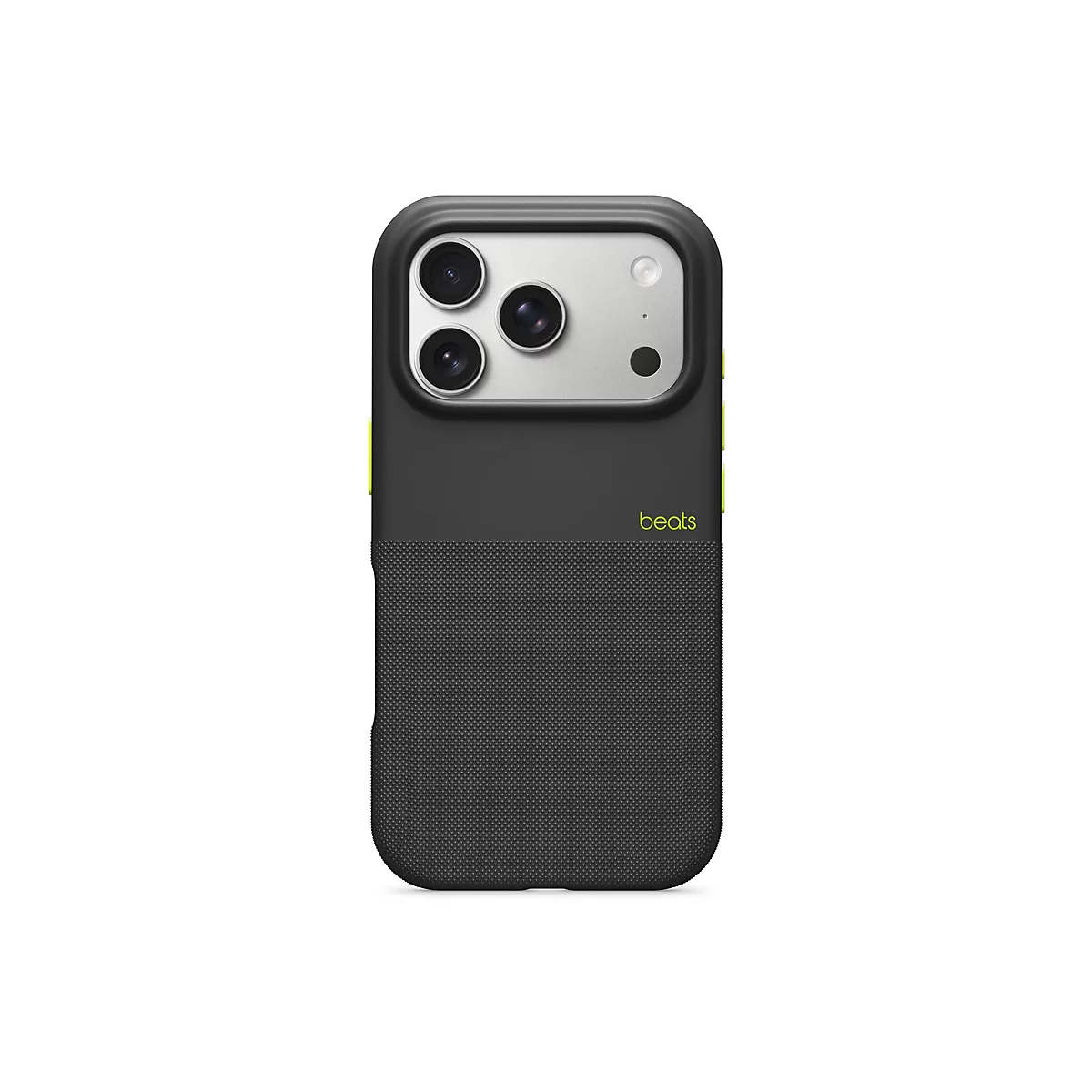 Schwarze Schutzhülle für ein Smartphone mit gelben Akzenten, drei Kameraobjektiven und dem Wort „beats“.