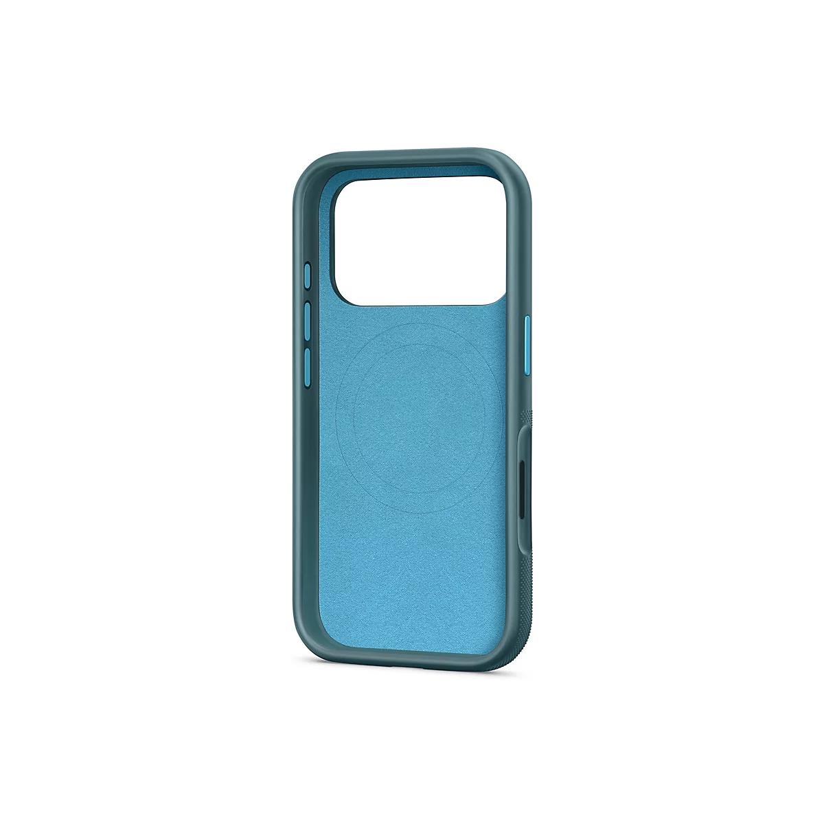 Hellblaues Smartphone-Case vor weißem Hintergrund. Das Case hat eine dunklere Umrandung. Seitlich befinden sich Knöpfe und eine angeraute Struktur.