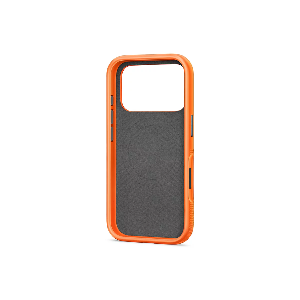 Oranger Handy-Schutzrahmen mit schwarzer Innenseite. Die Seiten haben Knöpfe und eine strukturierte Oberfläche. Die Form ist für ein Handy.