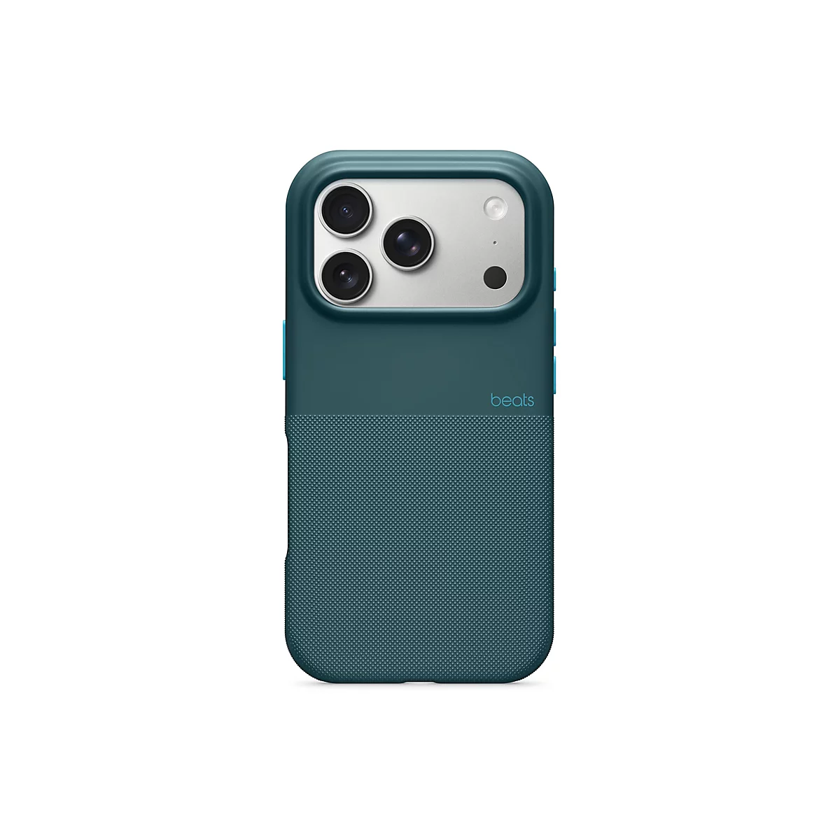 Dunkelgrüne Handyhülle für ein Smartphone mit drei Kameras, Marke Beats.
