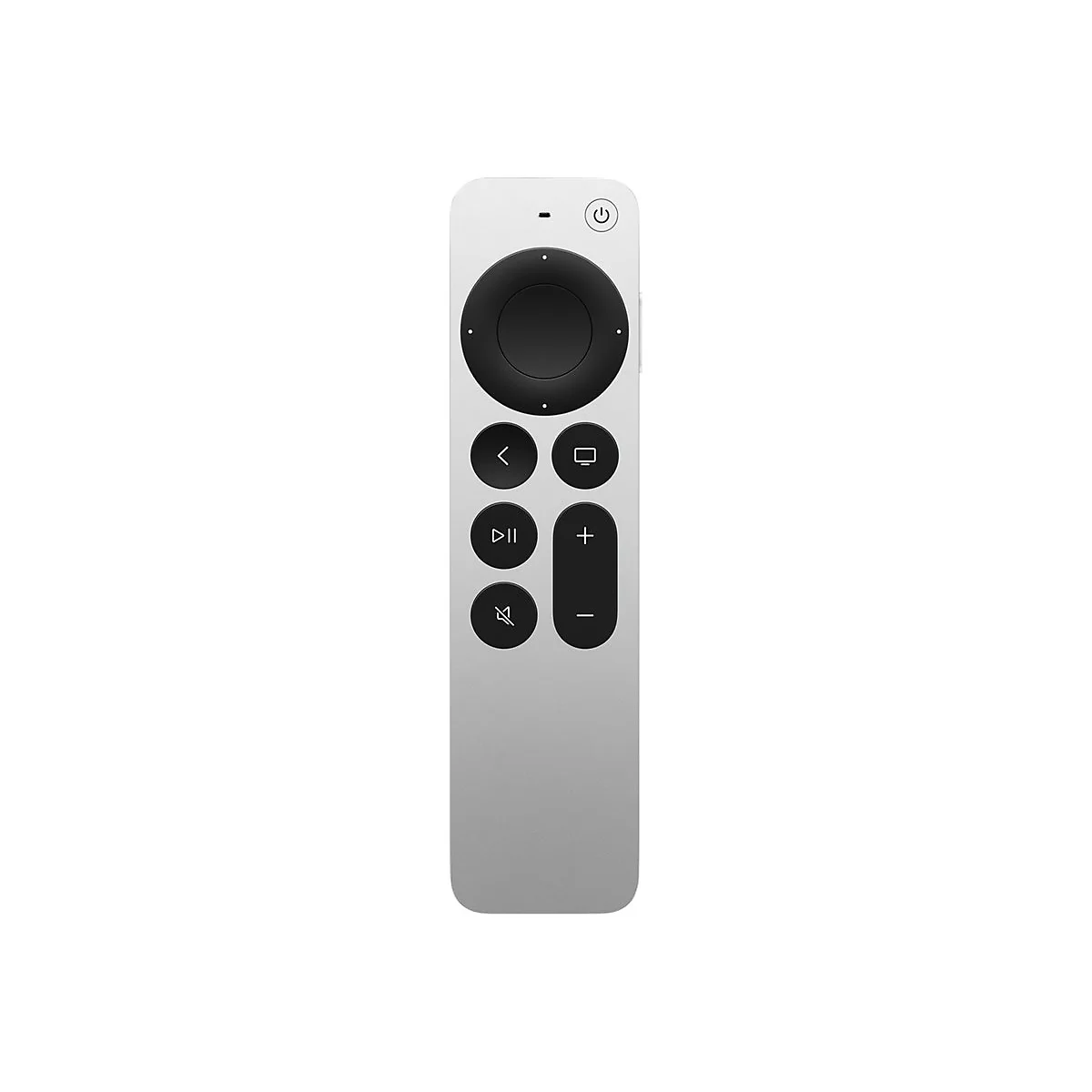 Silberne Apple TV Fernbedienung mit schwarzem Clickpad und Bedienknöpfen vor weißem Hintergrund.