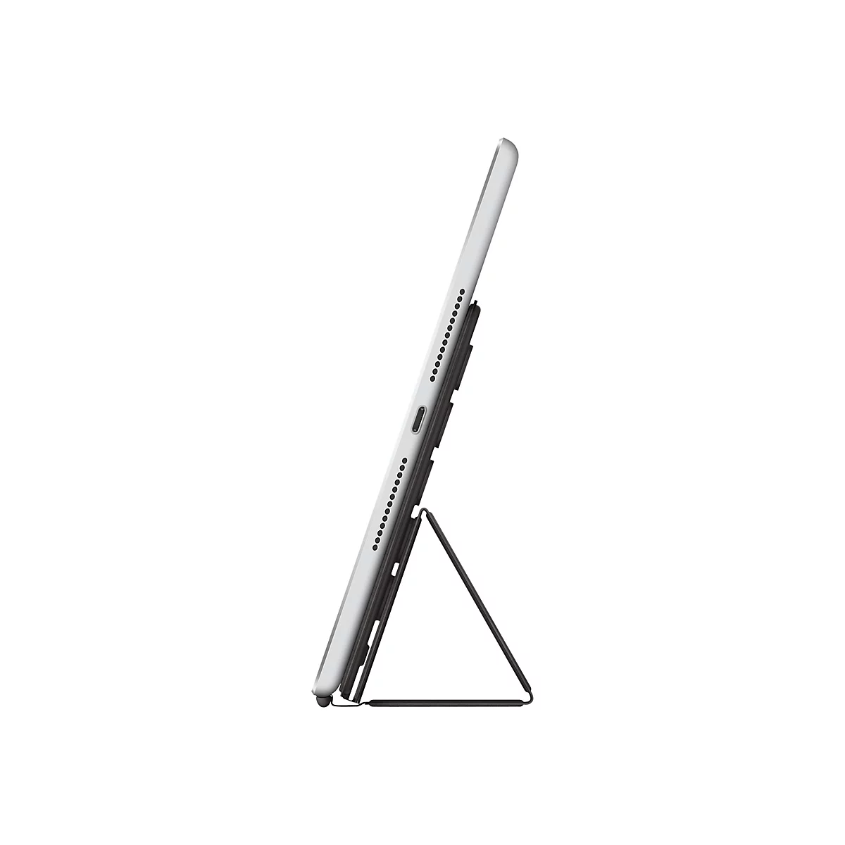 Ein graues Tablet, das von der Seite betrachtet wird, steht auf einer schwarzen Halterung mit dreieckigem Stützfuß.