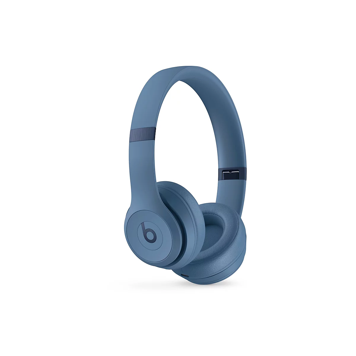 Casque Beats bleu clair sur fond blanc. Le logo Beats est visible sur l'écouteur.