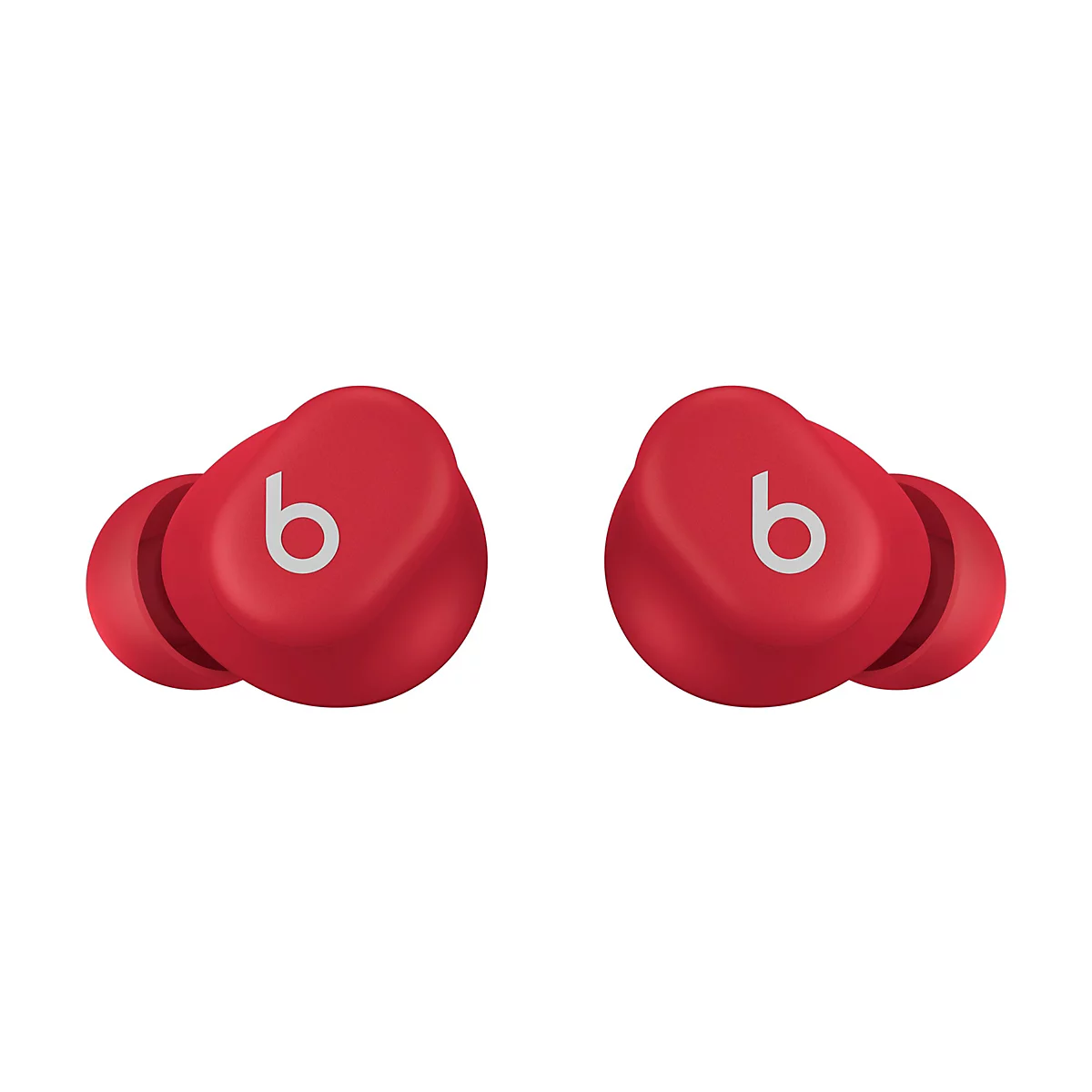 Deux écouteurs sans fil rouges avec le logo "b" blanc. Le fond est blanc.