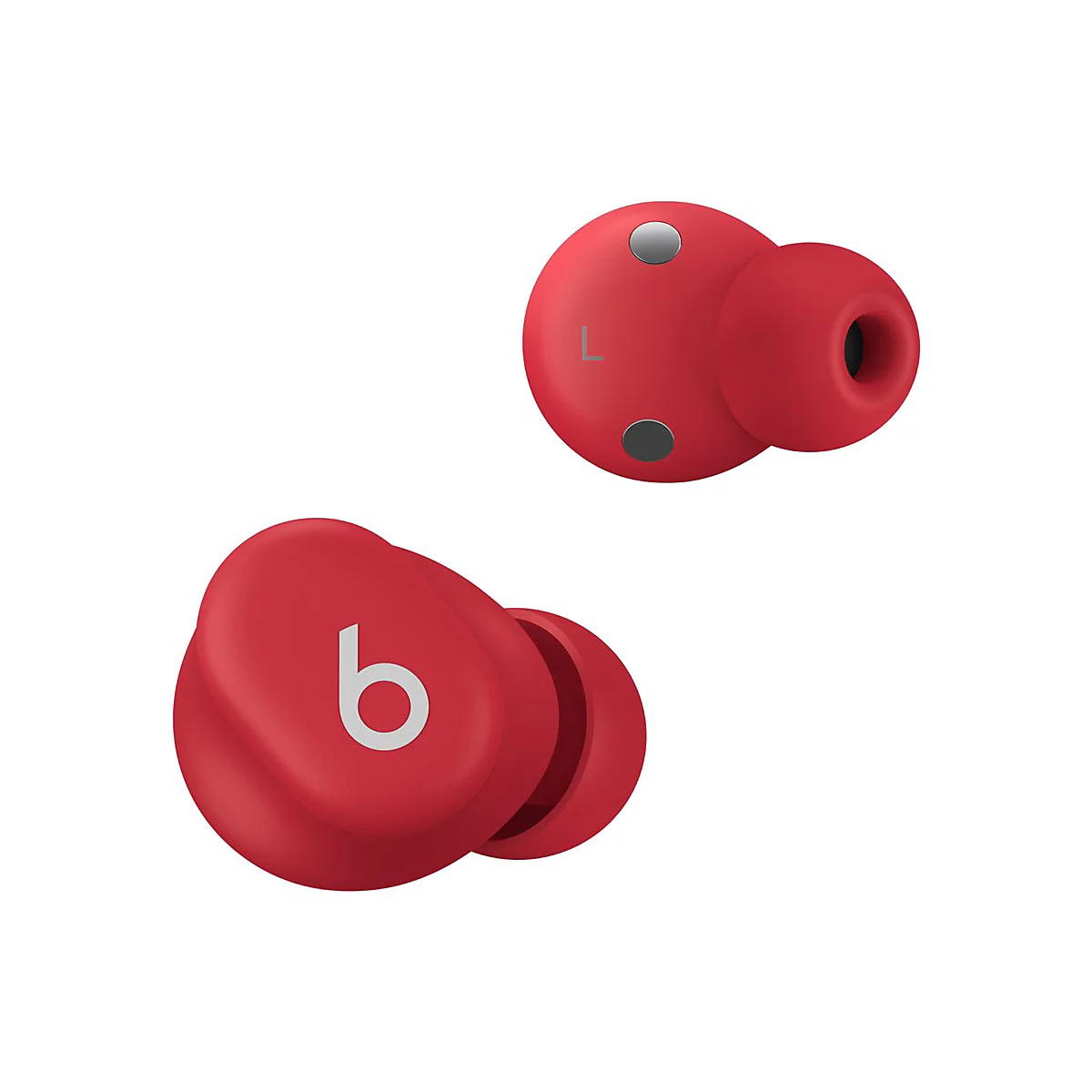 Deux écouteurs rouges sur fond blanc. L'un porte le logo "b", l'autre un "L".