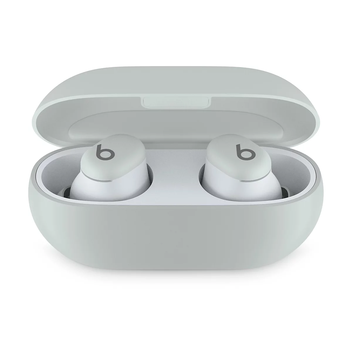 Hellgraue kabellose Ohrhörer mit Ladecase, Ohrhörer mit 'b' Logo.
