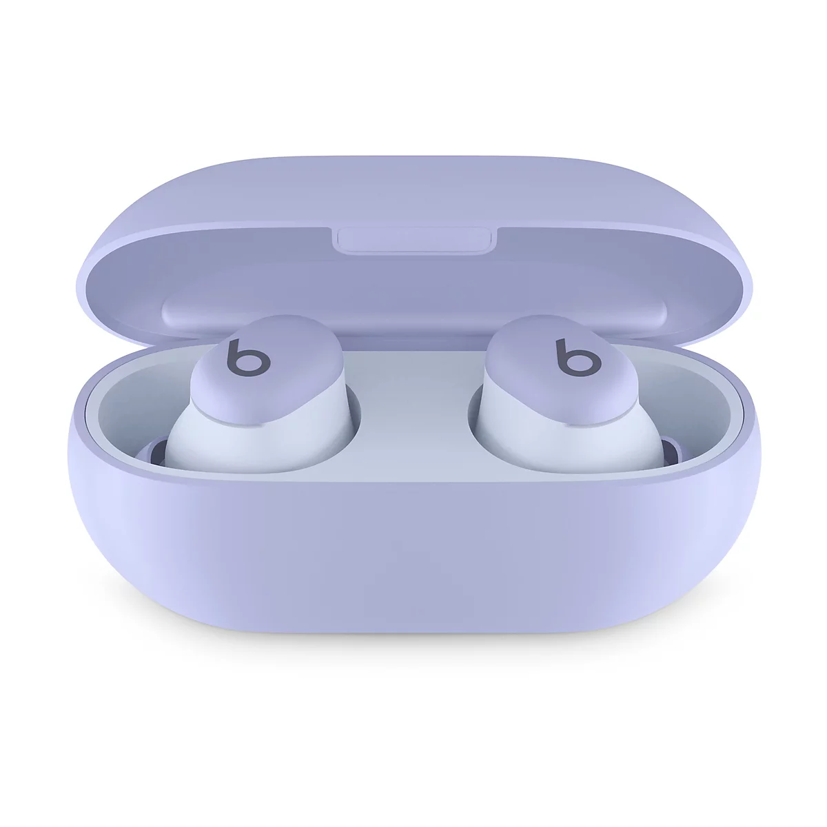 Helllila kabellose Ohrhörer mit Ladecase, geöffnet. Die Kopfhörer haben einen weißen Ohrhörerteil und ein kleines „b“.