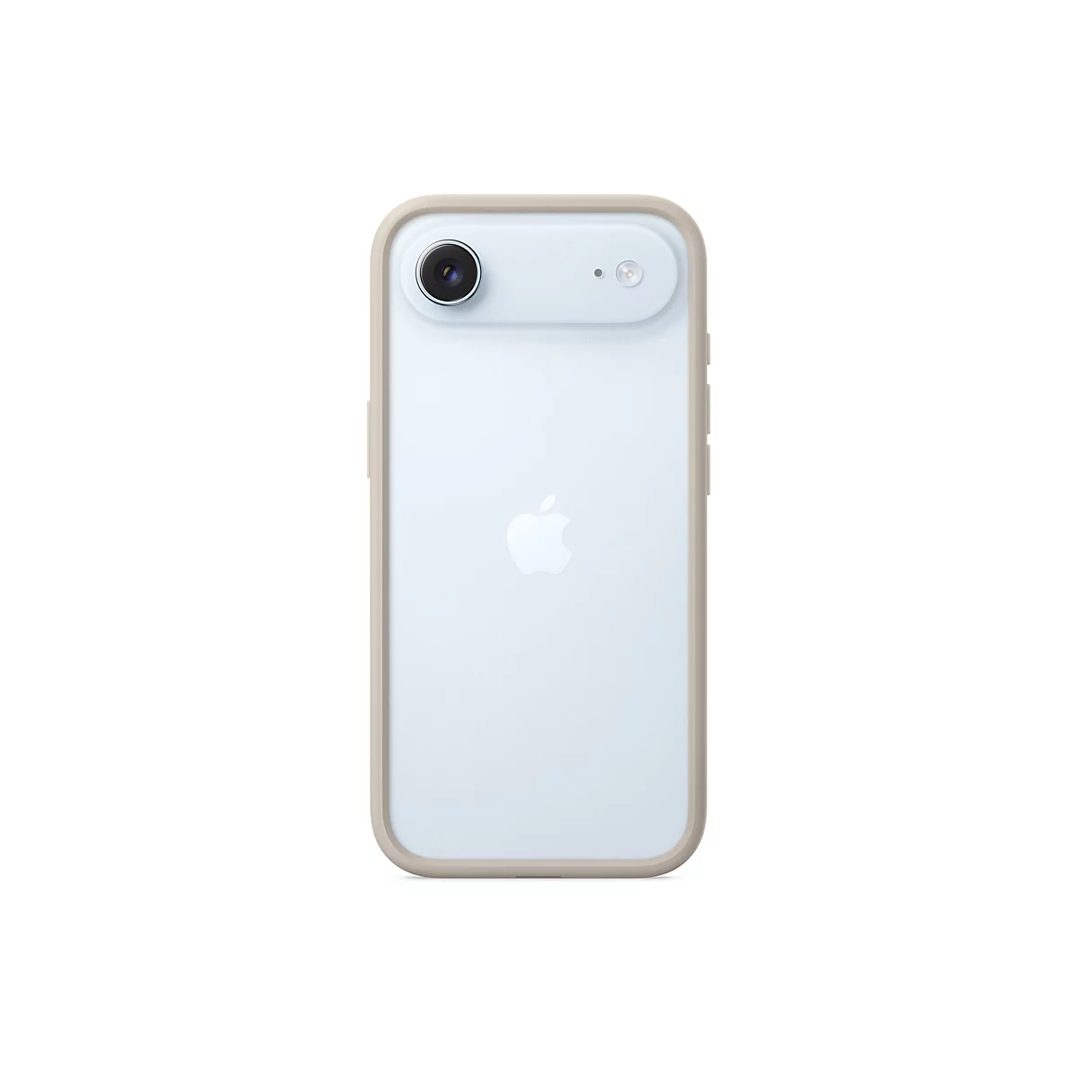 Hellblaues Smartphone von hinten, mit beigem Rahmen. Links oben befinden sich Kamera und Blitz. Unterhalb das Apple-Logo.