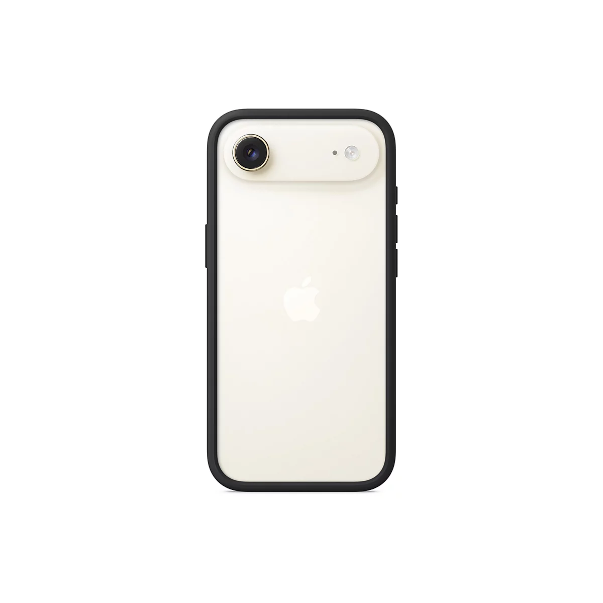 Rückseite eines cremefarbenen Smartphones mit schwarzem Rahmen. Oben links befinden sich eine Kamera und ein Blitz. Unten ein Apple-Logo.