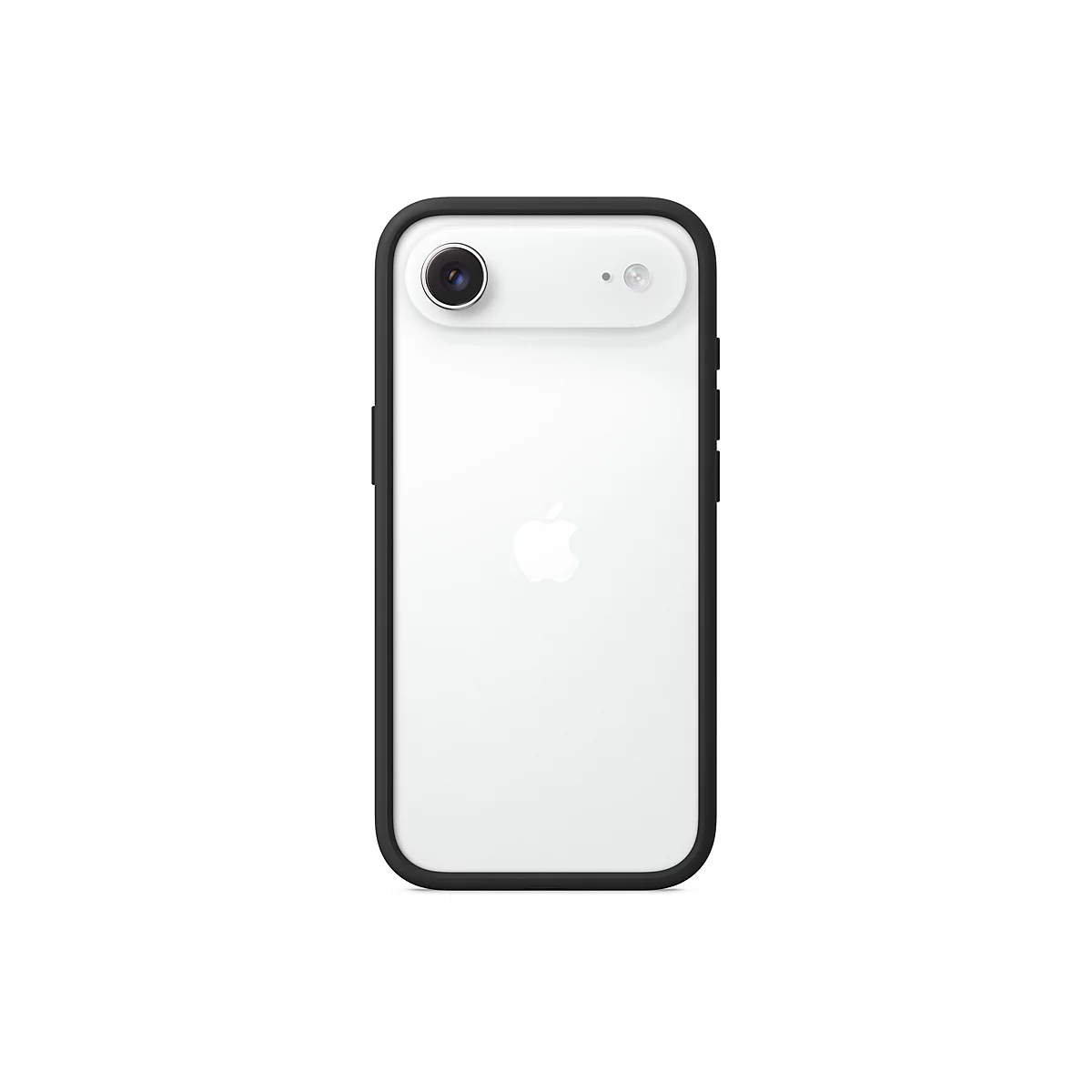 Rückseite eines weißen Smartphones mit schwarzem Rahmen. Oben links: Kamera. Unten: Apple-Logo.
