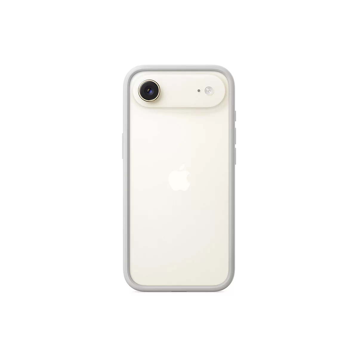 Rückseite eines cremefarbenen iPhones, zwei Kameras und Apple-Logo, grauer Rahmen.