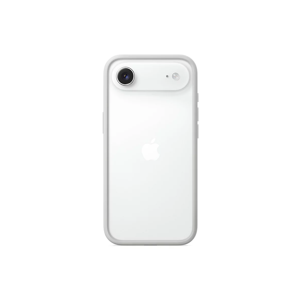 Rückseite eines weißen Smartphones. Oben links: Kamera. Unten: Apple Logo.
