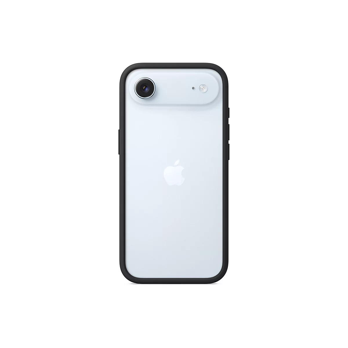 Hellblaues Smartphone von hinten, in einer schwarzen Hülle. Oben links befinden sich zwei Kameras und in der Mitte das Apple-Logo.