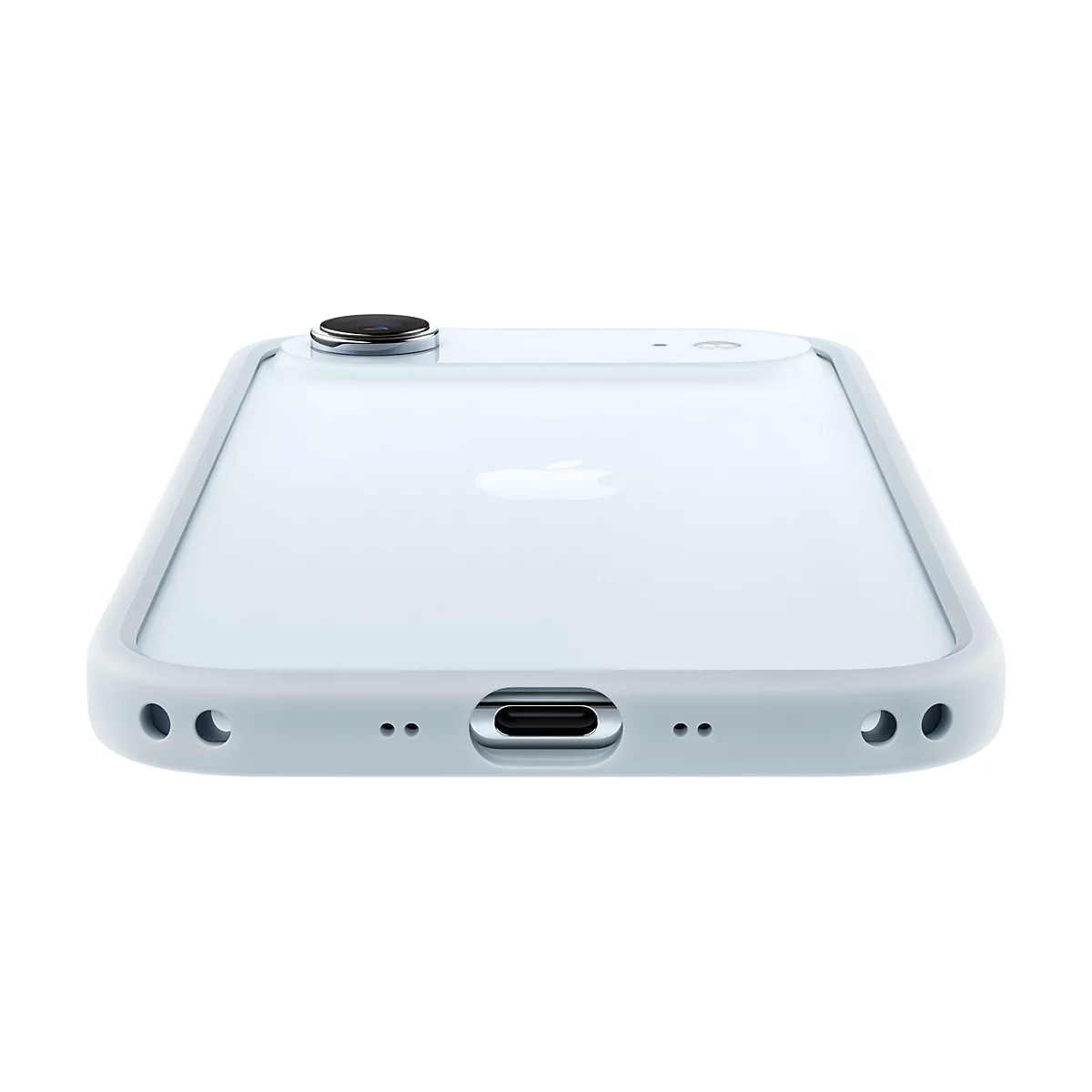 Hellblaues Smartphone von hinten, mit Kamera und Apple-Logo, auf weißem Hintergrund.