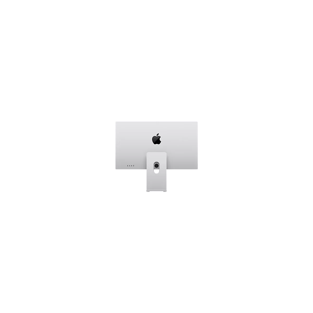 Rückseite eines silbernen Apple iMac mit markantem Logo vor neutralem Hintergrund.