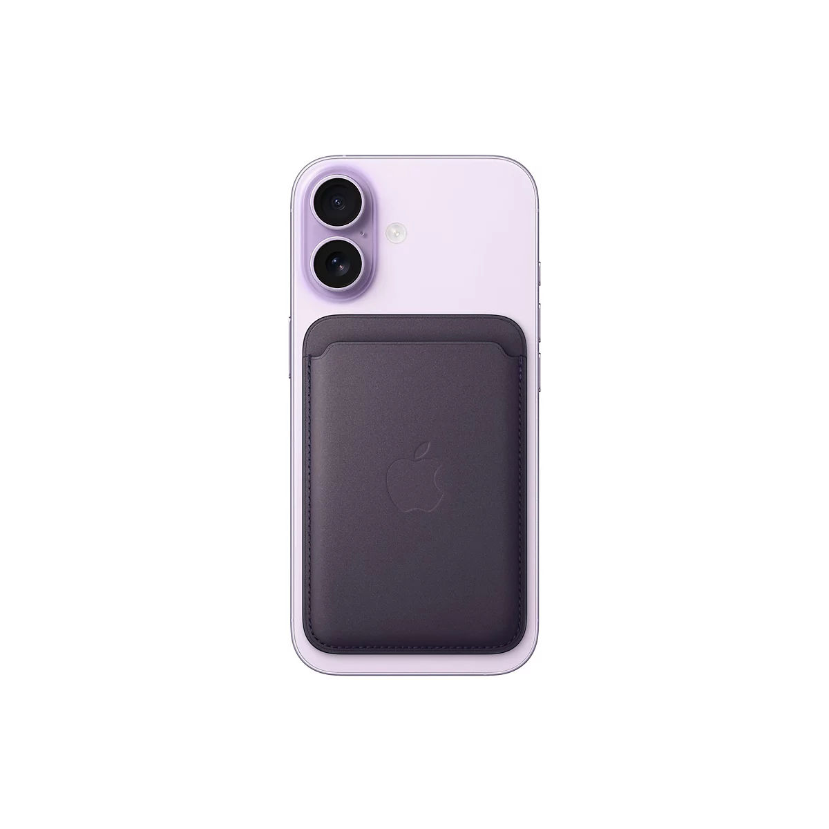 Helles lila iPhone mit befestigtem dunklen MagSafe Leder-Wallet auf der Rückseite.