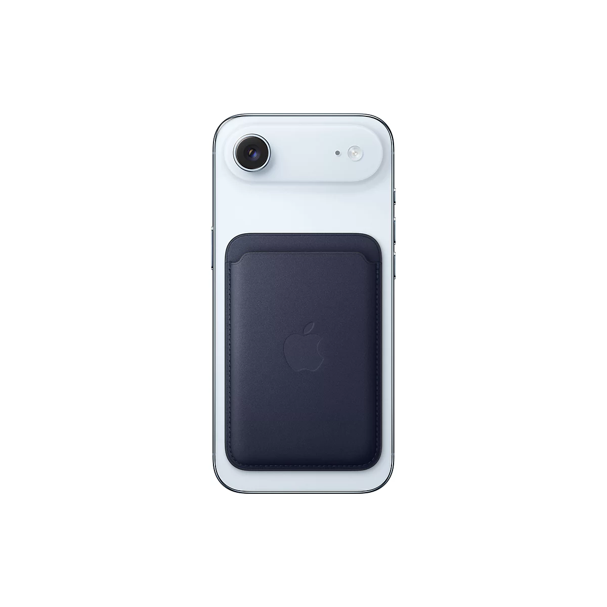 Helles Smartphone mit dunkelblauem MagSafe-Kartenetui auf der Rückseite.