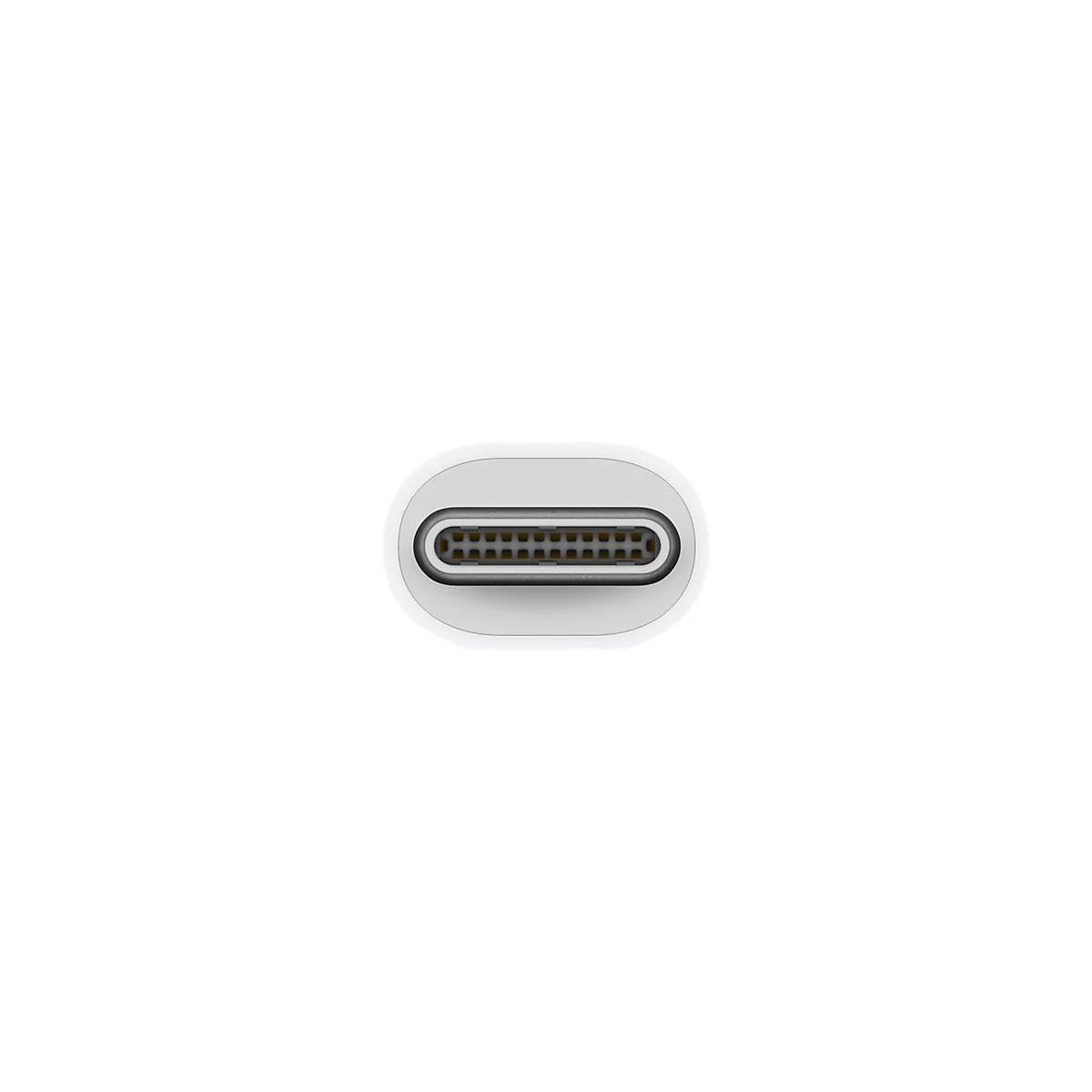 Nahaufnahme eines weißen USB-C-Steckers mit grauer Ummantelung und gelben Kontakten.