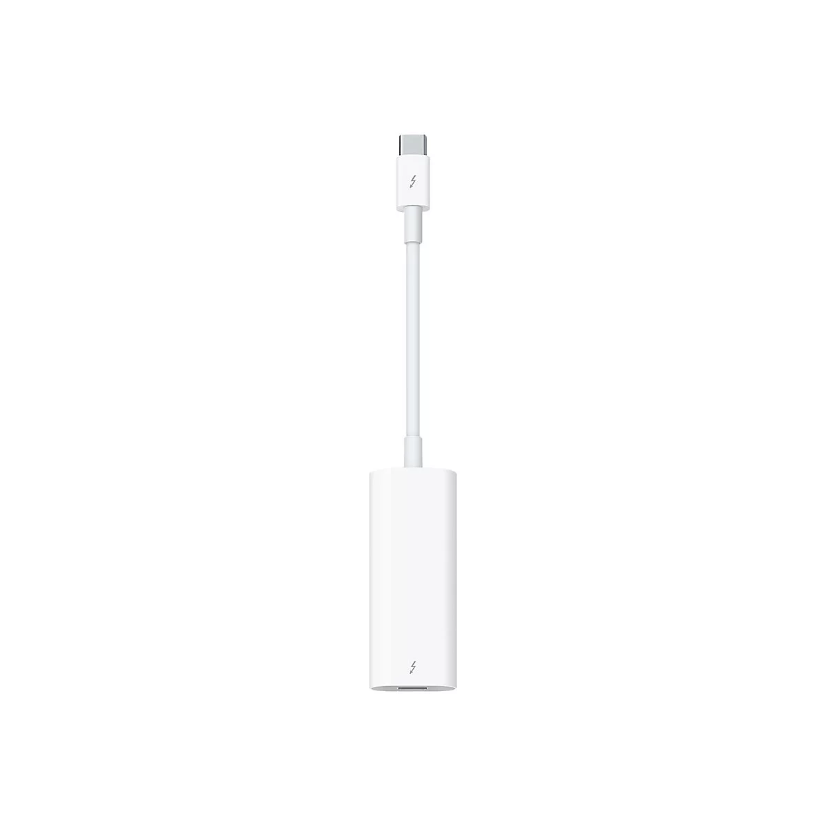 Ein weißer Thunderbolt-Adapter. Oben ein Stecker mit Thunderbolt-Symbol, unten ein längliches Gehäuse.