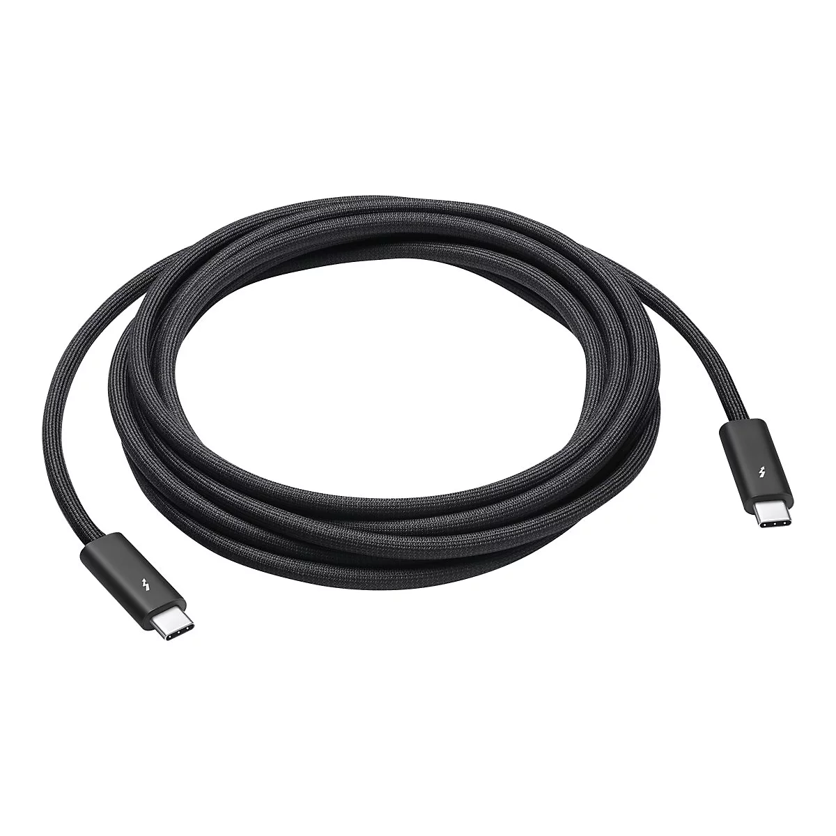 Câble USB-C noir en boucle, avec des fiches aux deux extrémités. Prise de vue détaillée sur fond blanc.